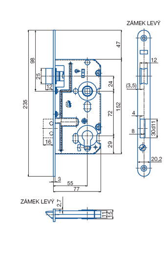 Zamok V7672/55/20mm P   HOBES K221
